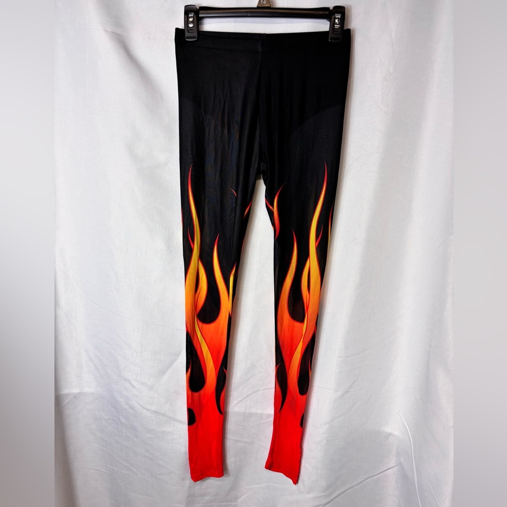 Dolls Kill Hell and Back Mesh Leggings Black with Red-Orange Flame Print